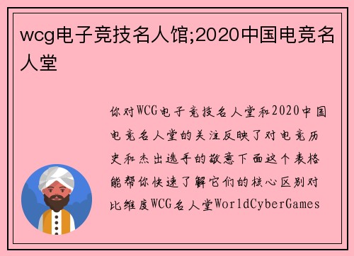 wcg电子竞技名人馆;2020中国电竞名人堂